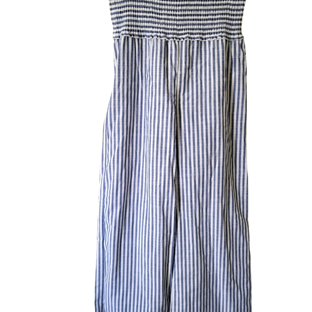 Blue and white striped wide leg smocked waist pants